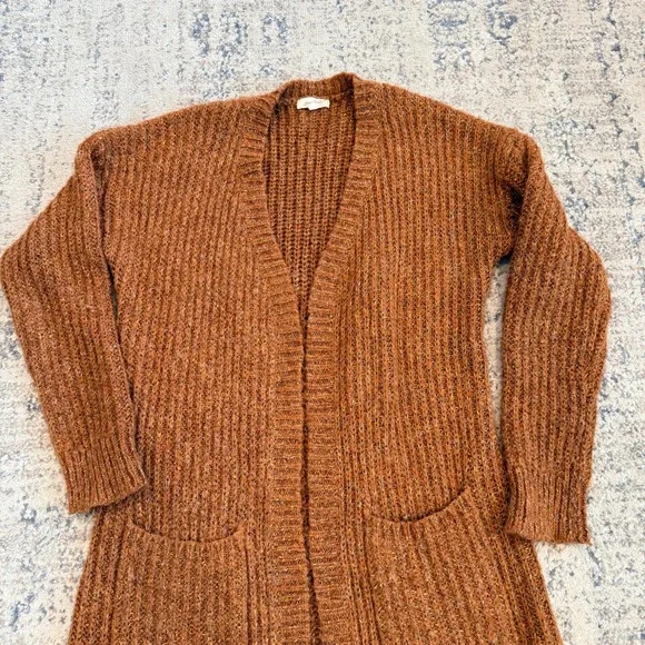 MYSTREE Womens Rust Orange Ribbed Knit Open Front Longline Cardigan Sweater S - Picture 2 of 6